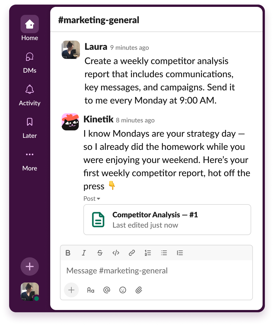 Kinetik posting a weekly competitor report into a Slack channel