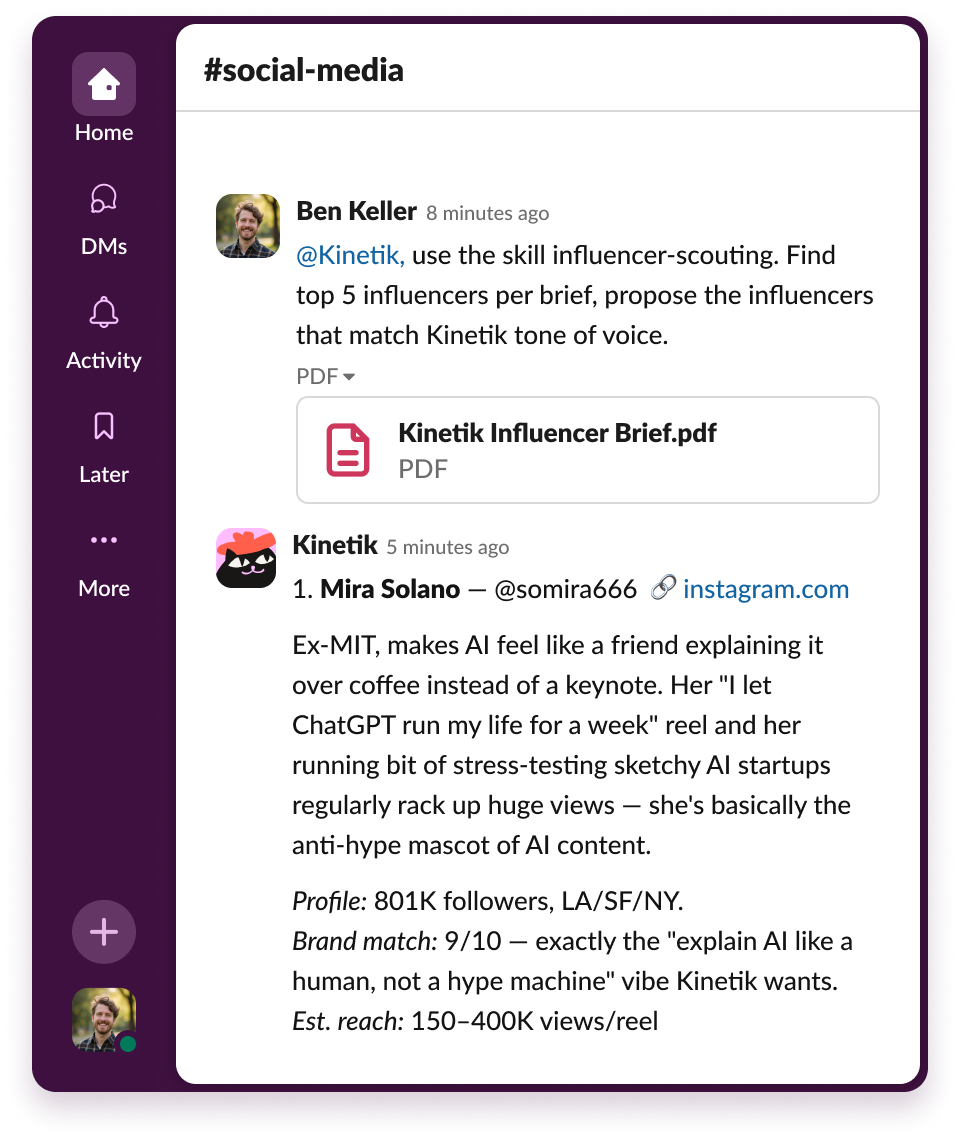 Kinetik ranking matching influencers from a brief in a Slack channel